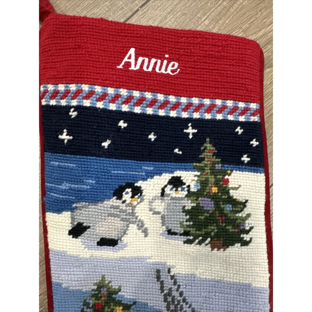 Land's End Needlepoint Wool Christmas Stocking Customized ANNIE 17" vgt Penguins - Picture 3 of 4